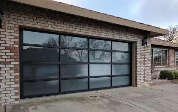 black aluminum and glass garage door